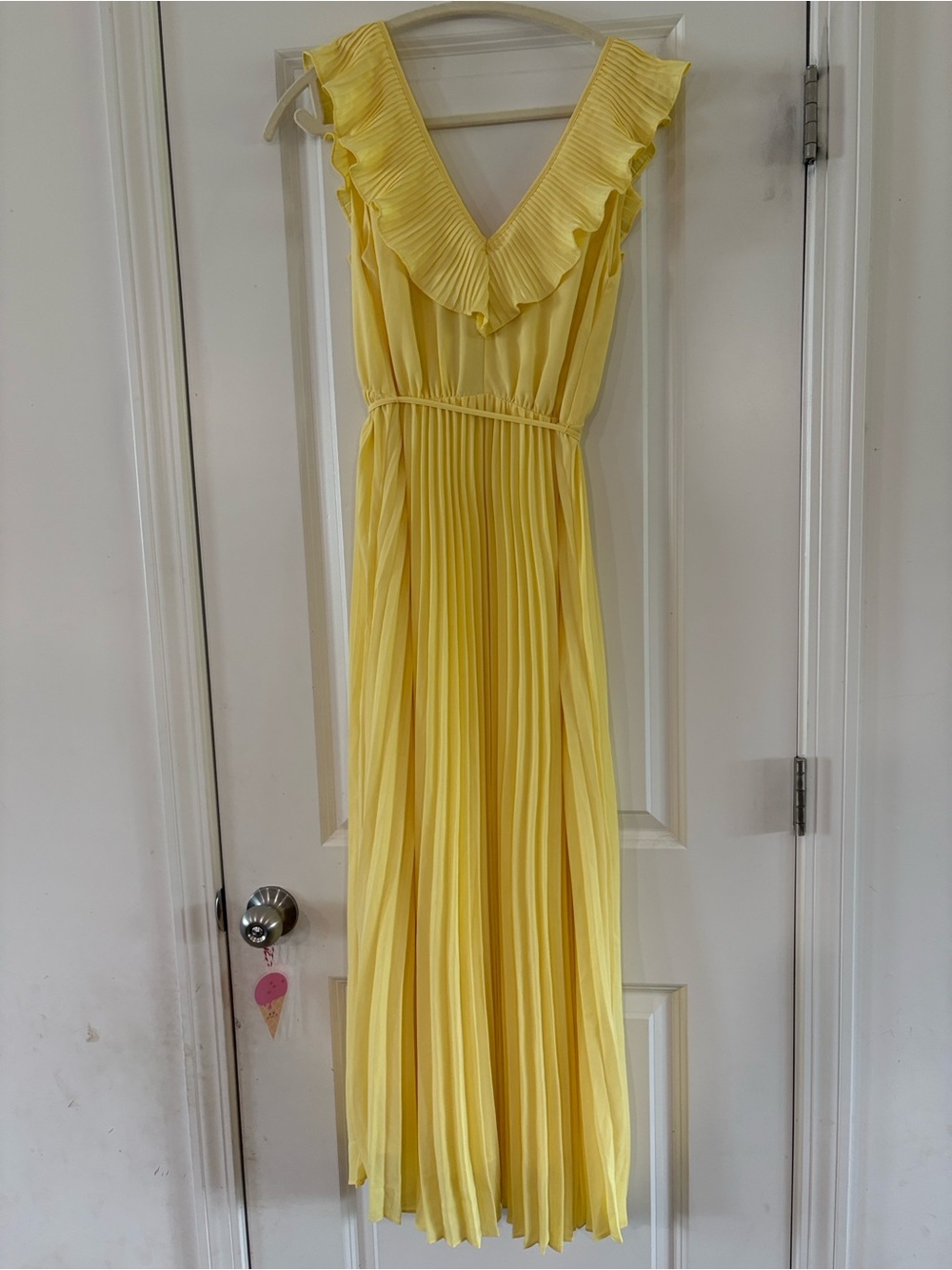 vestique Bright Yellow Pleated Dress with Ruffle Trim